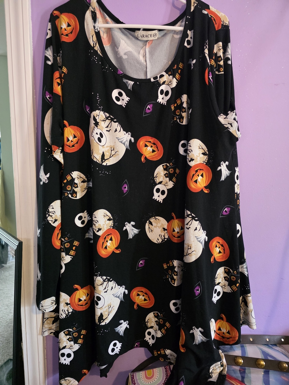 LARACE Black Halloween Pumpkin & Skull Swing Dress with Orange Accents